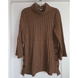 NorthStyle Ribbed Mock Neck Long Sleeve Button‎ Side Tunic Top Brown Sz L Boho